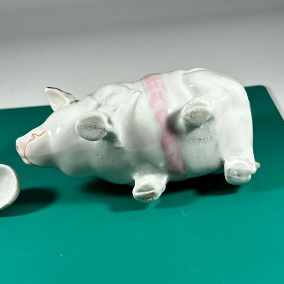 ANTIQUE PORCELAIN FIGURAL SADDLED PIG HOG CONDIMENT MUSTARD POT BANK BOX - Picture 7 of 8